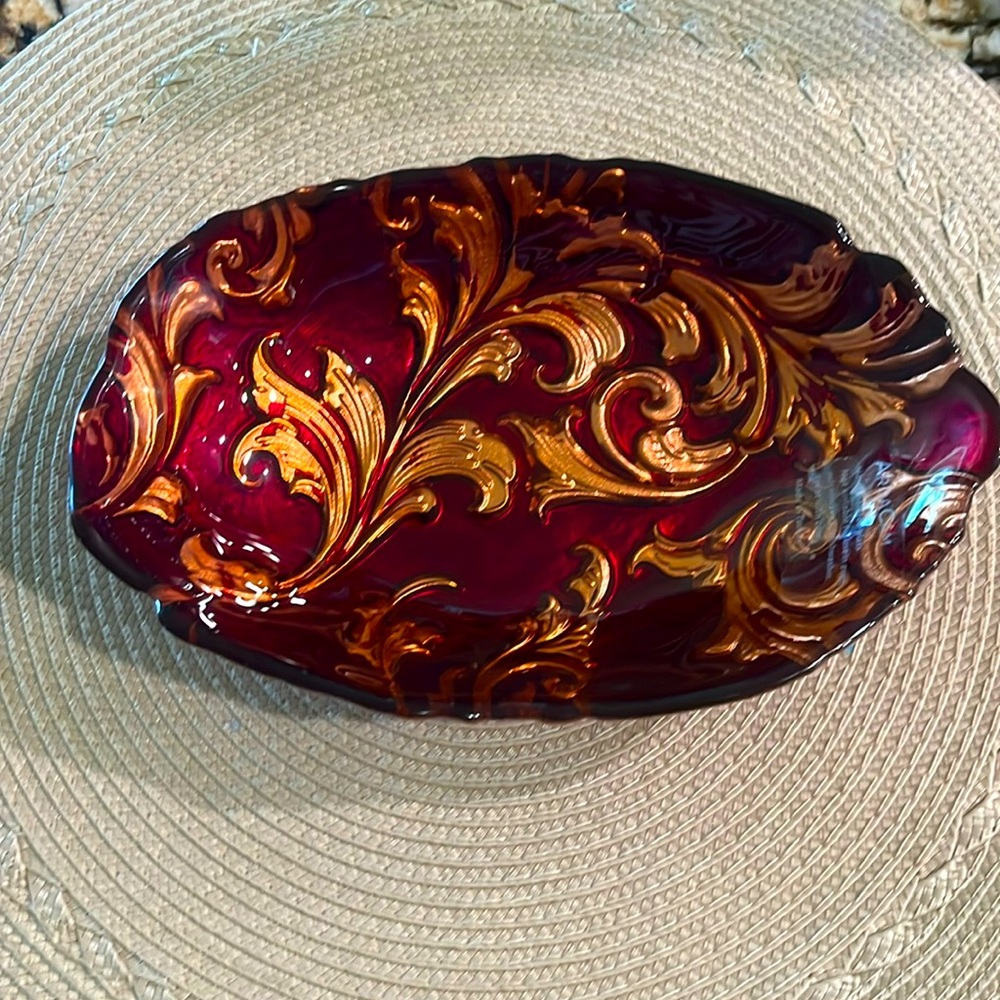 Arda Reverse Painted Vintage Goofus Glass Candy Dish